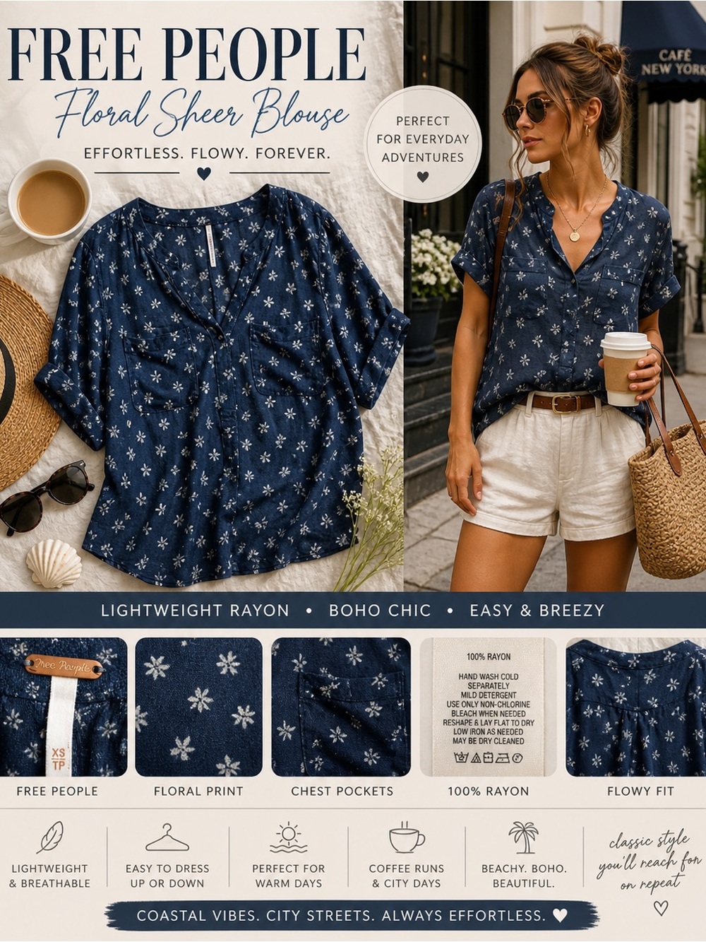 Free People Blue Floral Sheer Blouse XS Lightweight Boho Top